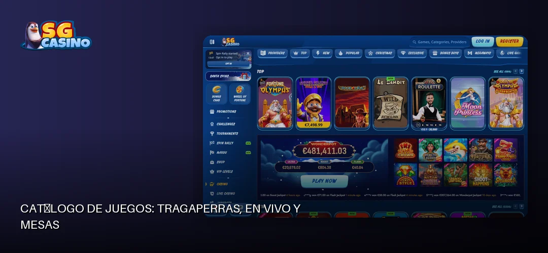 Catálogo de juegos: tragaperras, en vivo y mesas